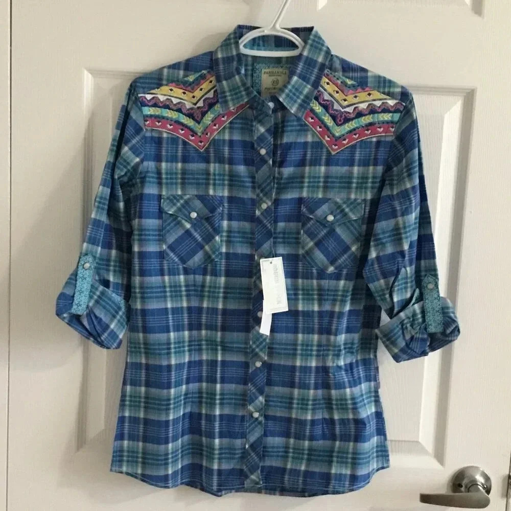NWT Panhandle Slime Vintage Plaid Stretch 97% cotton Embroidered western Shirt